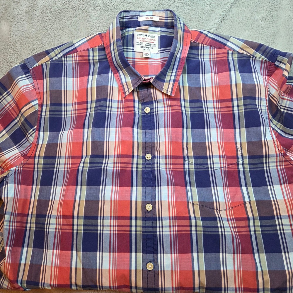 Lucky Brand Plaid Button Down Shirt Mens XXL Slim Fit Red Blue Short Sleeve